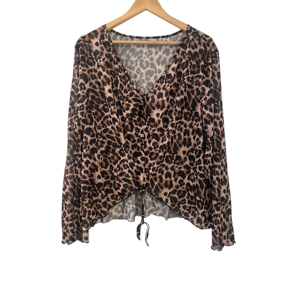 BEAUDRM Women's Leopard Print Sheer Blouse 4XL